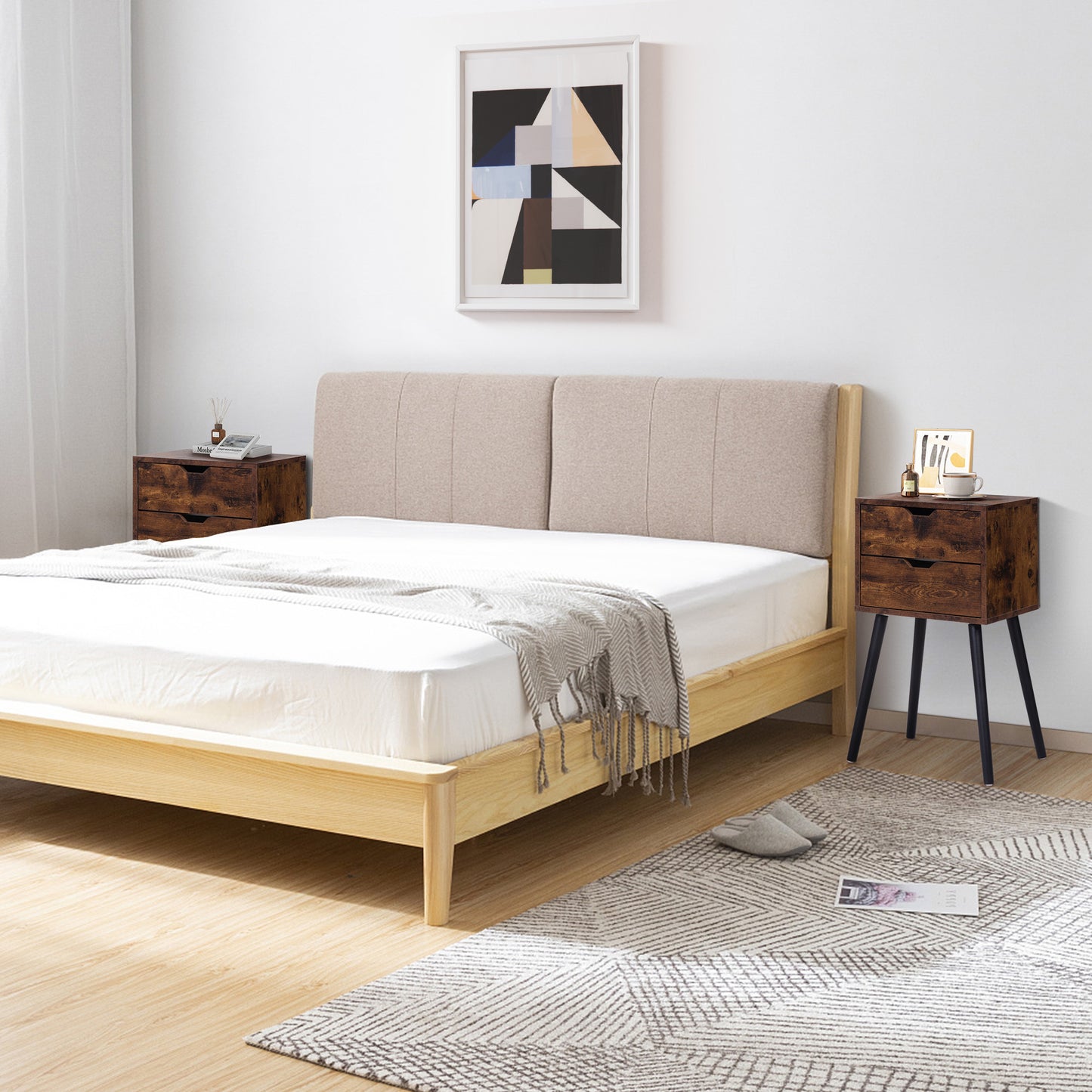 ightstand with 2 Drawers, Bedside Tables with Solid Wood Legs and Storage, End Table, Side Table, Bedside Furniture for Bedroom, Living Room, Rustic Brown