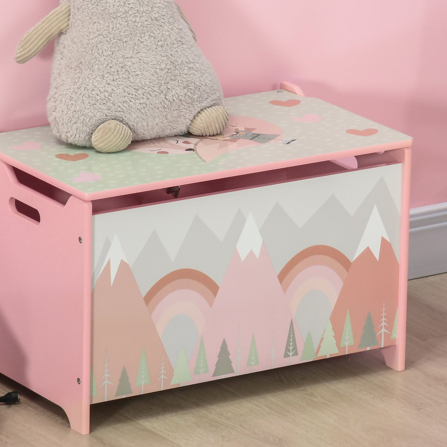 Qaba Toy Box with Lid, Toy Chest Storage Organizer for Bedroom with Safety Hinge, Cute Animal Design, Pink
