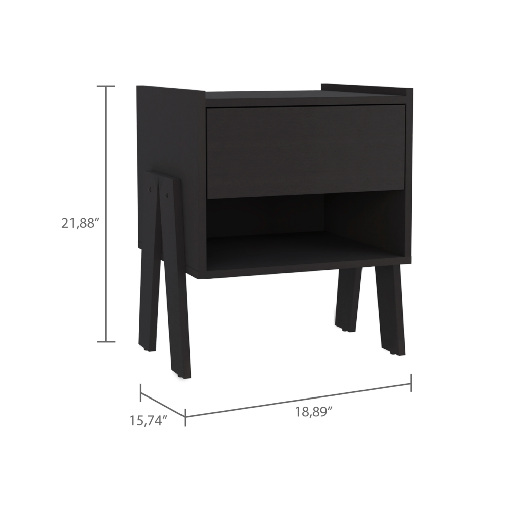 Joy Nightstand , End Table, Side Table Four Legs, One Open Shelf, One Drawer -Black