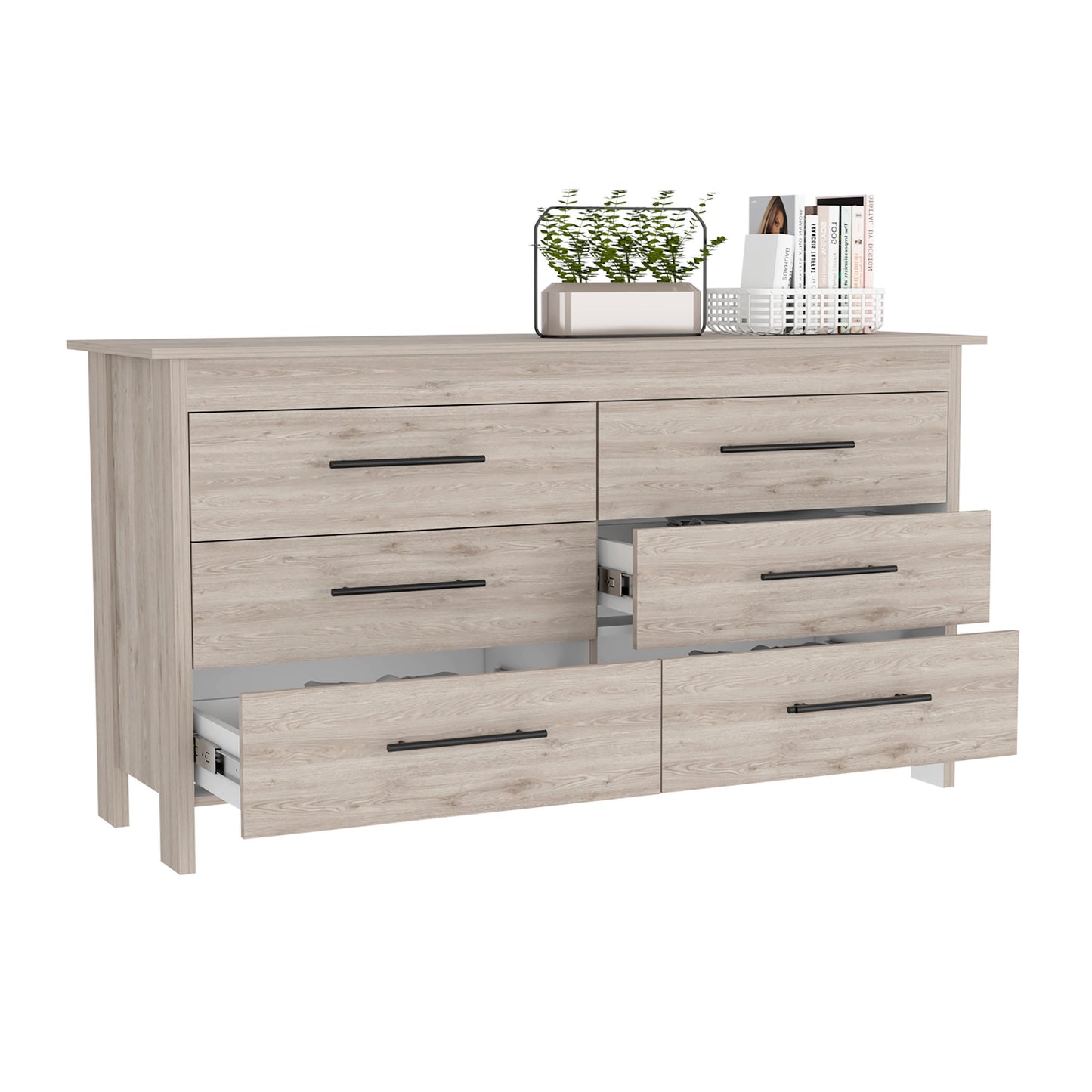 Hms 6 Drawer Double Dresser, Four Legs, Superior Top, Six Drawers -Light Gray