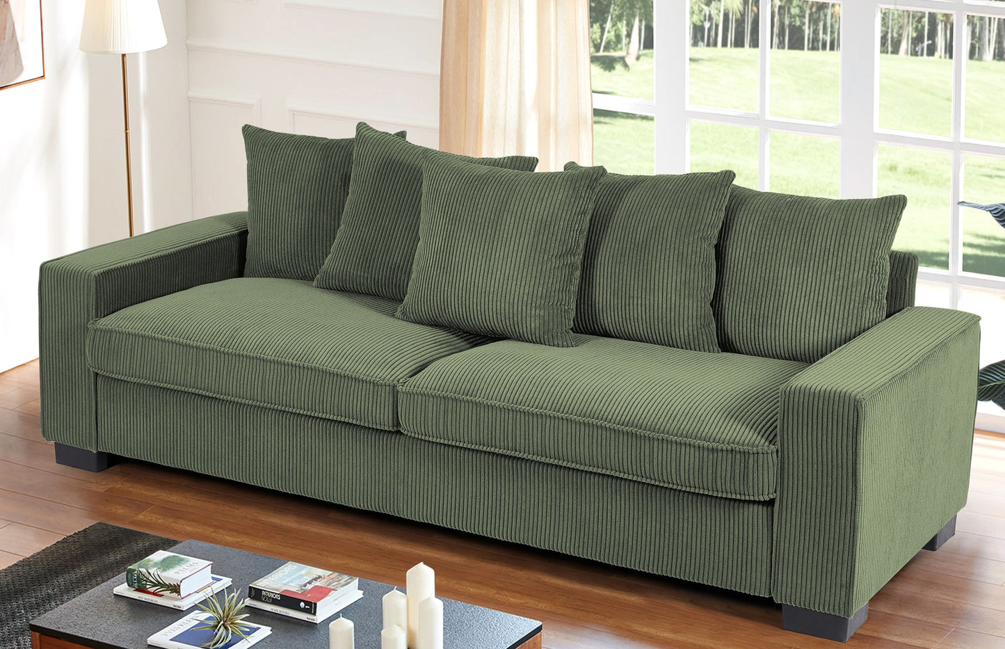 Luxe Corduroy Sofa with 5 Matching Toss Pillows, Sleek Design, Spacious and Comfortable 3 Seater Couch for Modern Living Room, 88" Wide , Dark Green