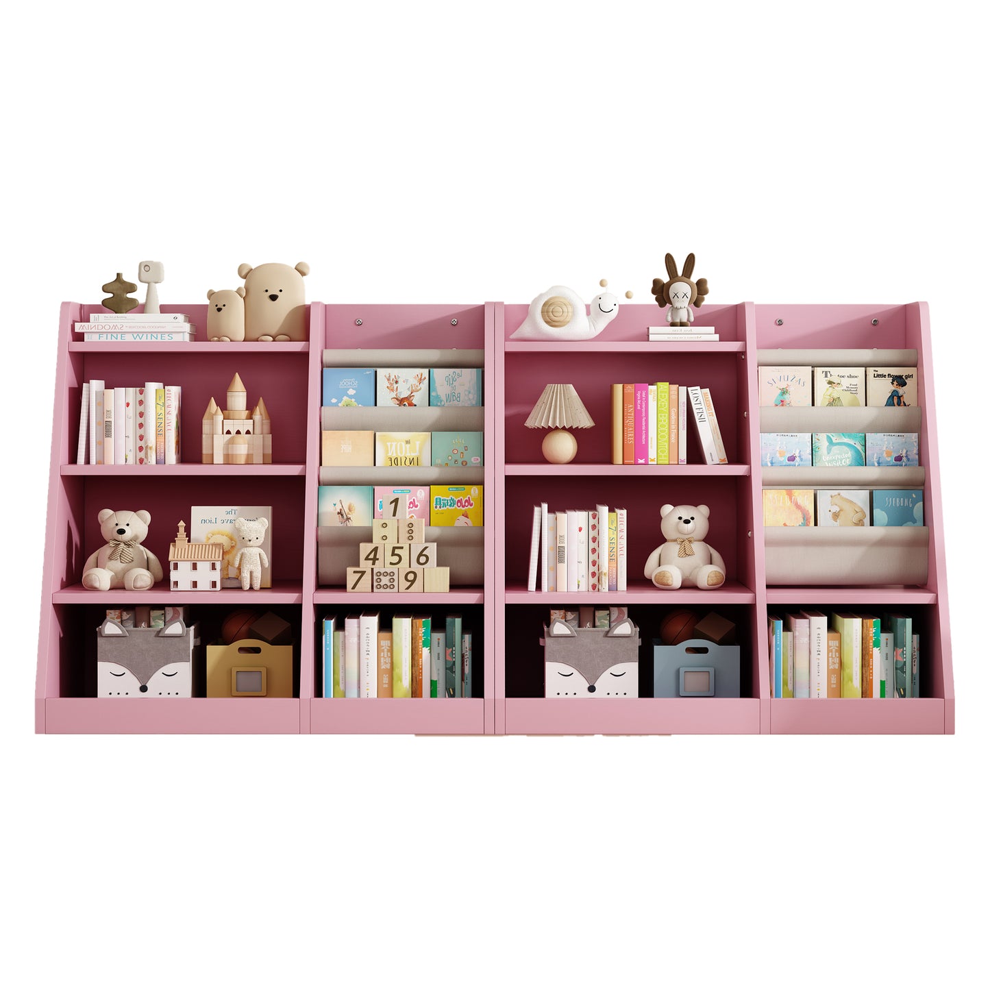 Pink Wooden Toy Storage Organizer Cabinet Kids Bookshelf Children Bookcase Toddler Baby Sling Book Rack Adjustable Shelf for Playroom Bedroom Nursery Hallway School Kindergarten Living Room