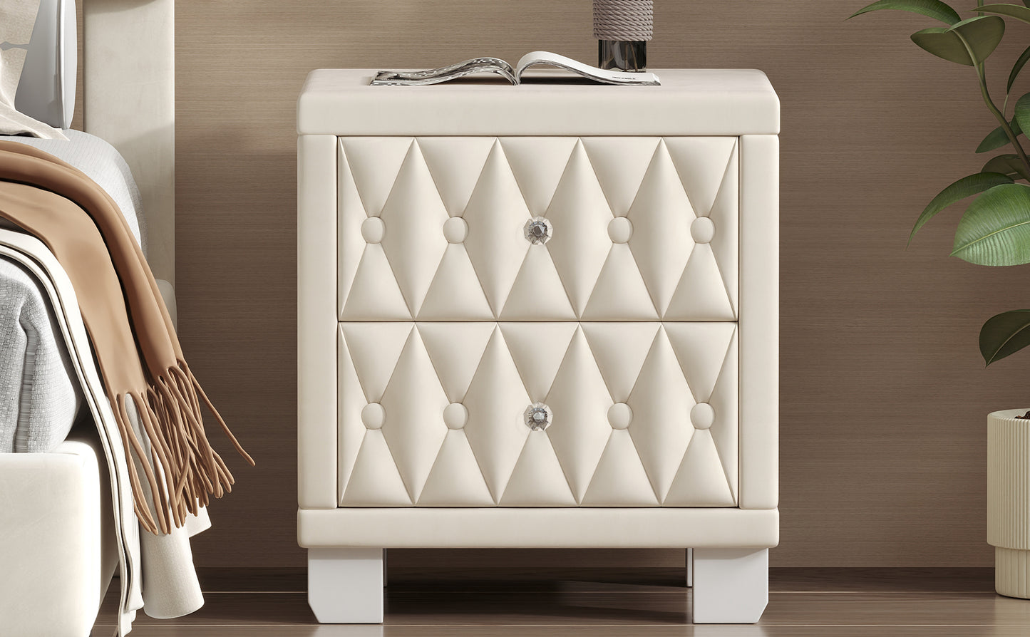 Elegant Velvet Nightstand with 2 Drawers and Crystal Handle, Storage Bedside Table with Button-Tufted, Beige