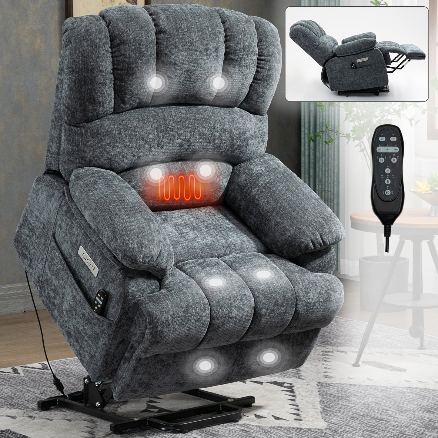 23' Seat Width and High Back Large Size Blue Grey Chenille Power Lift Recliner Chair with 8-Point Vibration Massage and Lumbar Heating