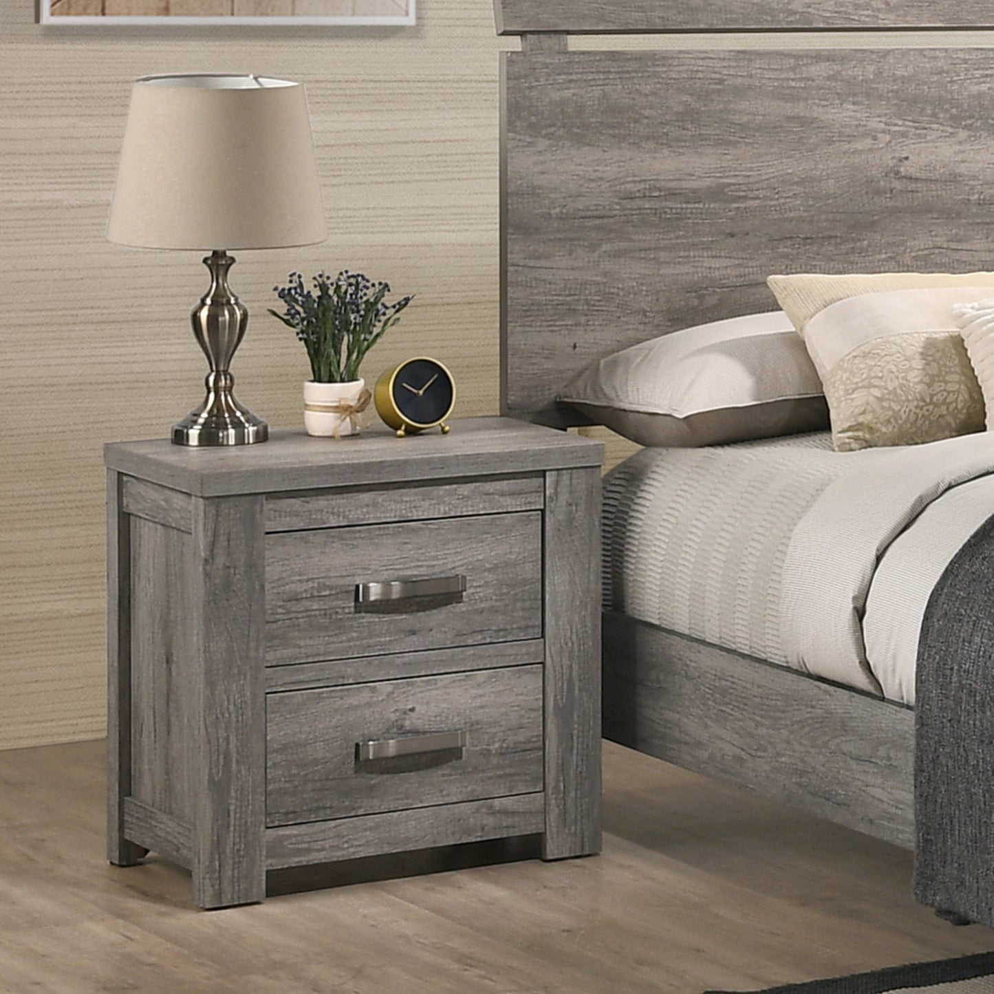 Floren Contemporary Wood Two-Drawer Nightstand, Weathered Gray