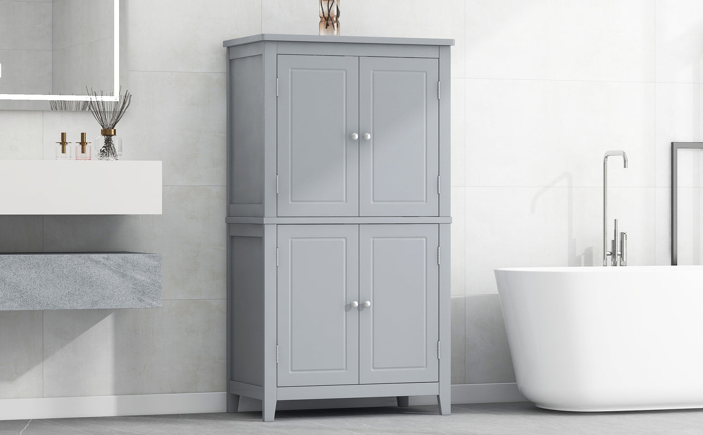 Elegant Bathroom Floor Storage Cabinet, Bathroom Storage Unit, Freestanding Cabinet with 4 Doors, Adjustable Shelves, Adaptable Shelves, Grey