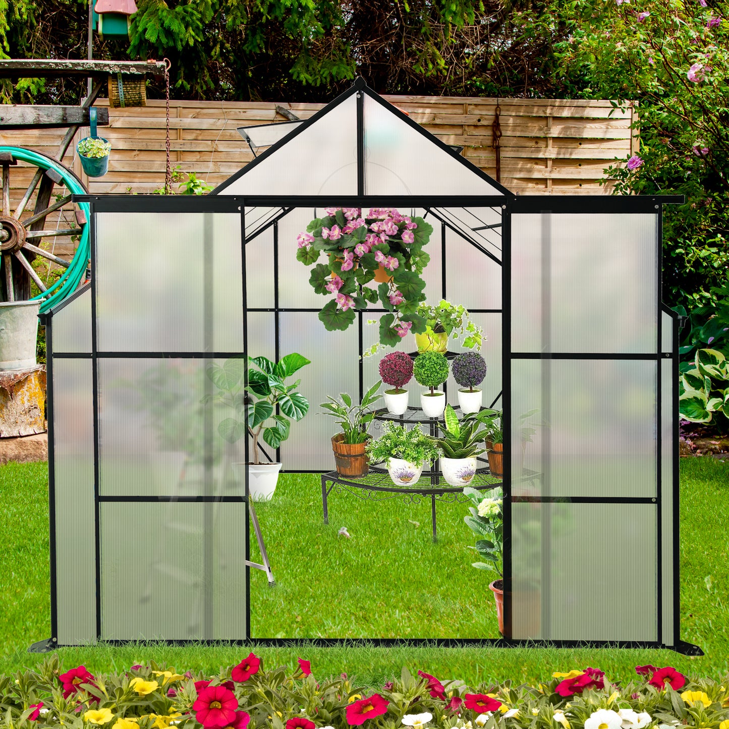8x8 FT Double Door Polycarbonate Greenhouse Raised Base and Anchor Aluminum Heavy Duty Walk-in Greenhouses for Outdoor Backyard in All Season,Black