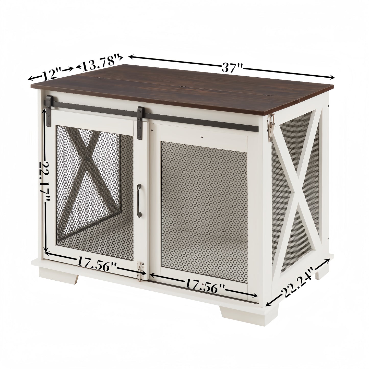 Farmhouse Dog Cage Crate Furniture with Sliding Barn Door, Farmhouse Wooden Dog Kennel End Table with Flip-top Plate Dog House with Detachable Divider for Small/Medium/Large Dog White