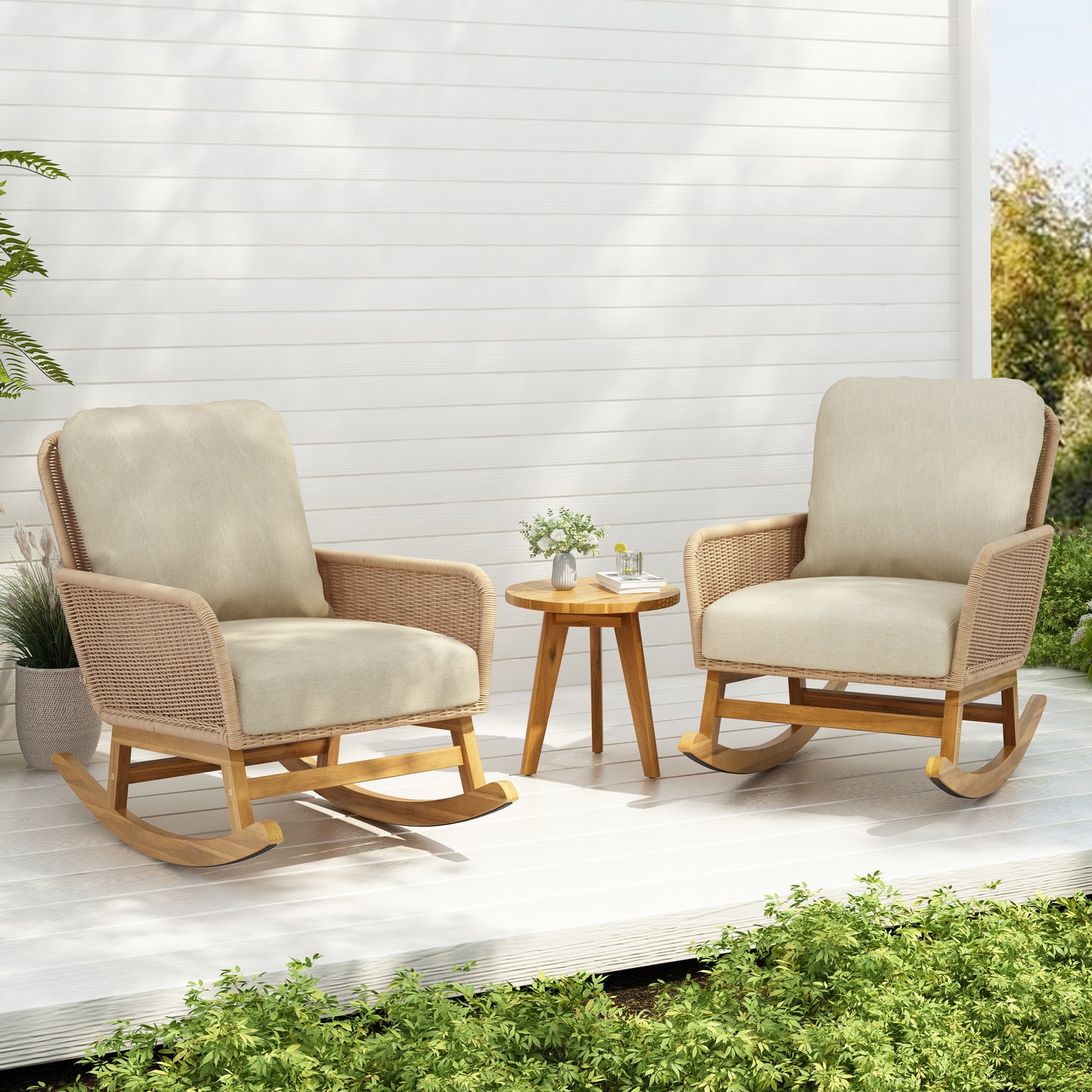 Modern 3-Piece Outdoor Seating Set with Beige Cushioned PE Rattan Rocking Chairs and Wooden Accent Table, Perfect for Patio or Balcony Relaxation