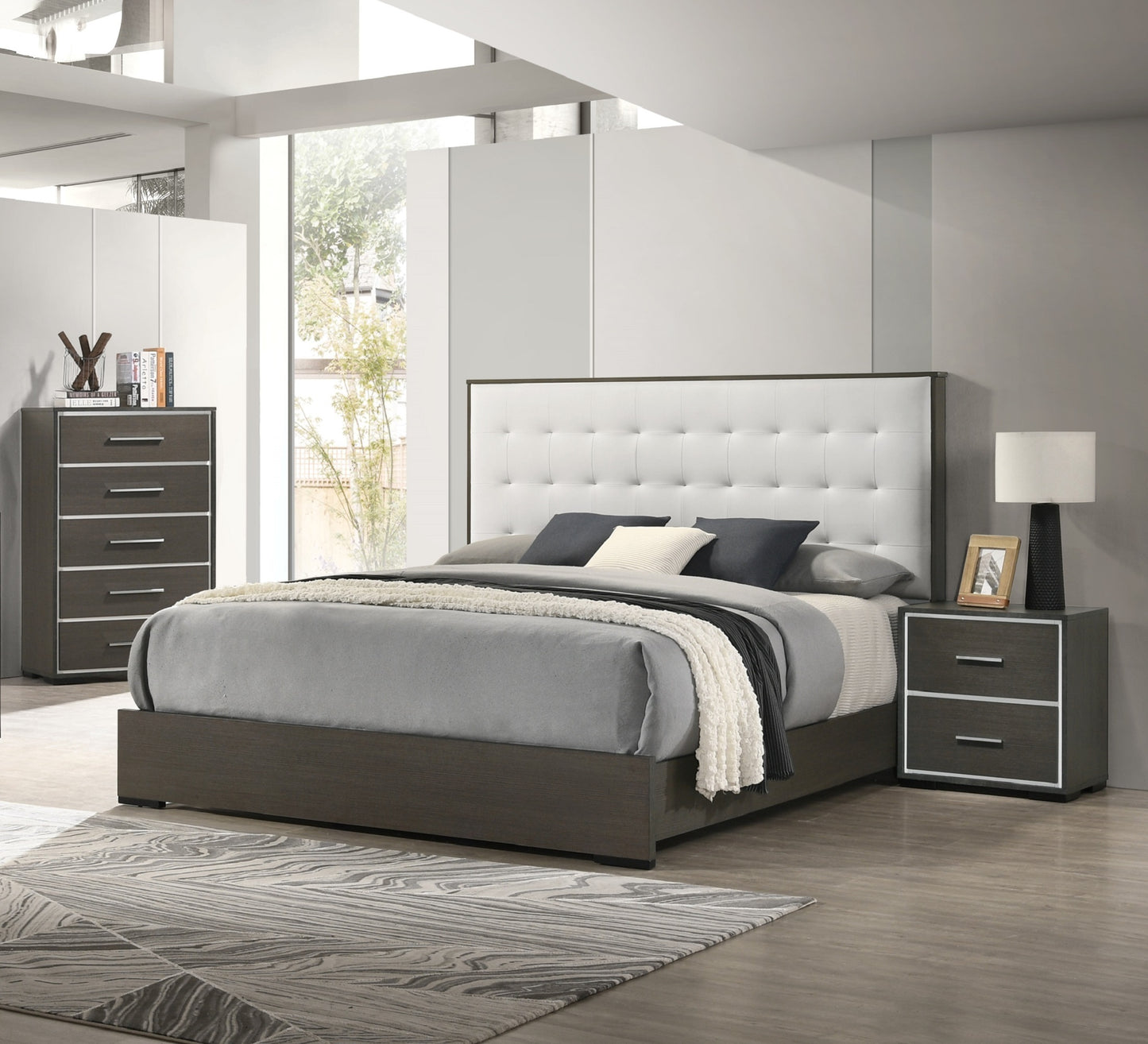 1pc Contemporary 2-Drawer Nightstand with Chrome Accents Gray Rustic Finish Bedroom Wooden Furniture