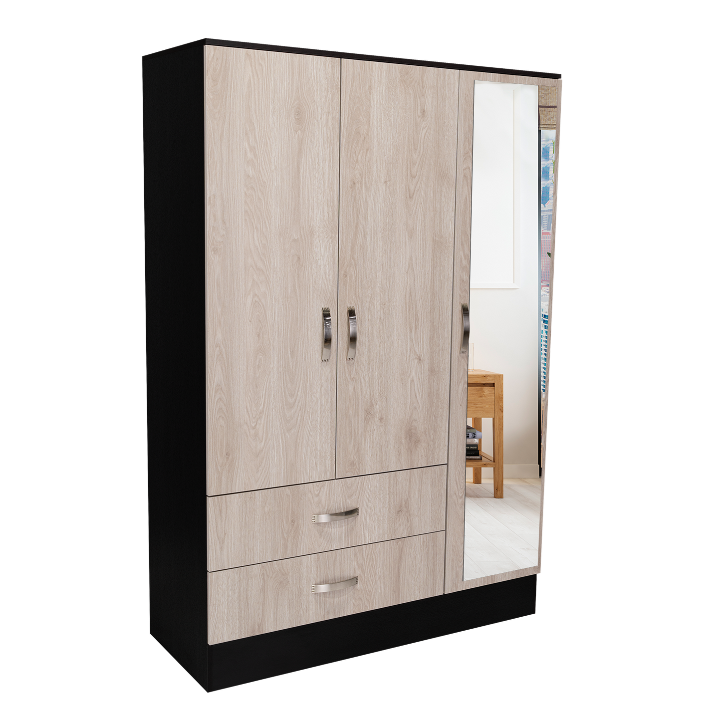 Mirrored Armoire Draggo, Bedroom, Black / Light Gray