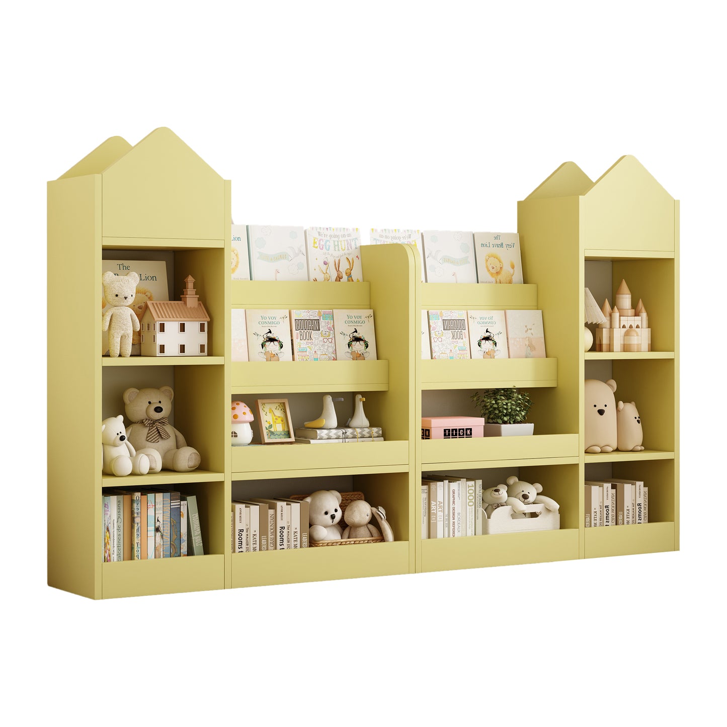 Yellow Kids Wooden Bookshelf Toy Storage Organizer with Bookcase, Kid's Bin Storage Unit with 6 Compartments 2 Baskets Bins Toys Box Organizer, Children Multi Shelf Cubby for Books, Toys Shelf