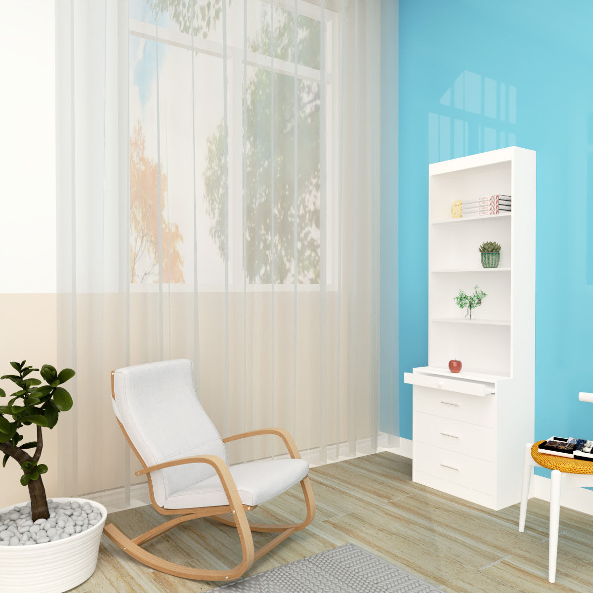 Full Size Vertical Murphy Bed with Shelf and Drawers for Bedroom or Guestroom White Wall Bed Space Saving Hidden Bed, updated Gas Strut design.