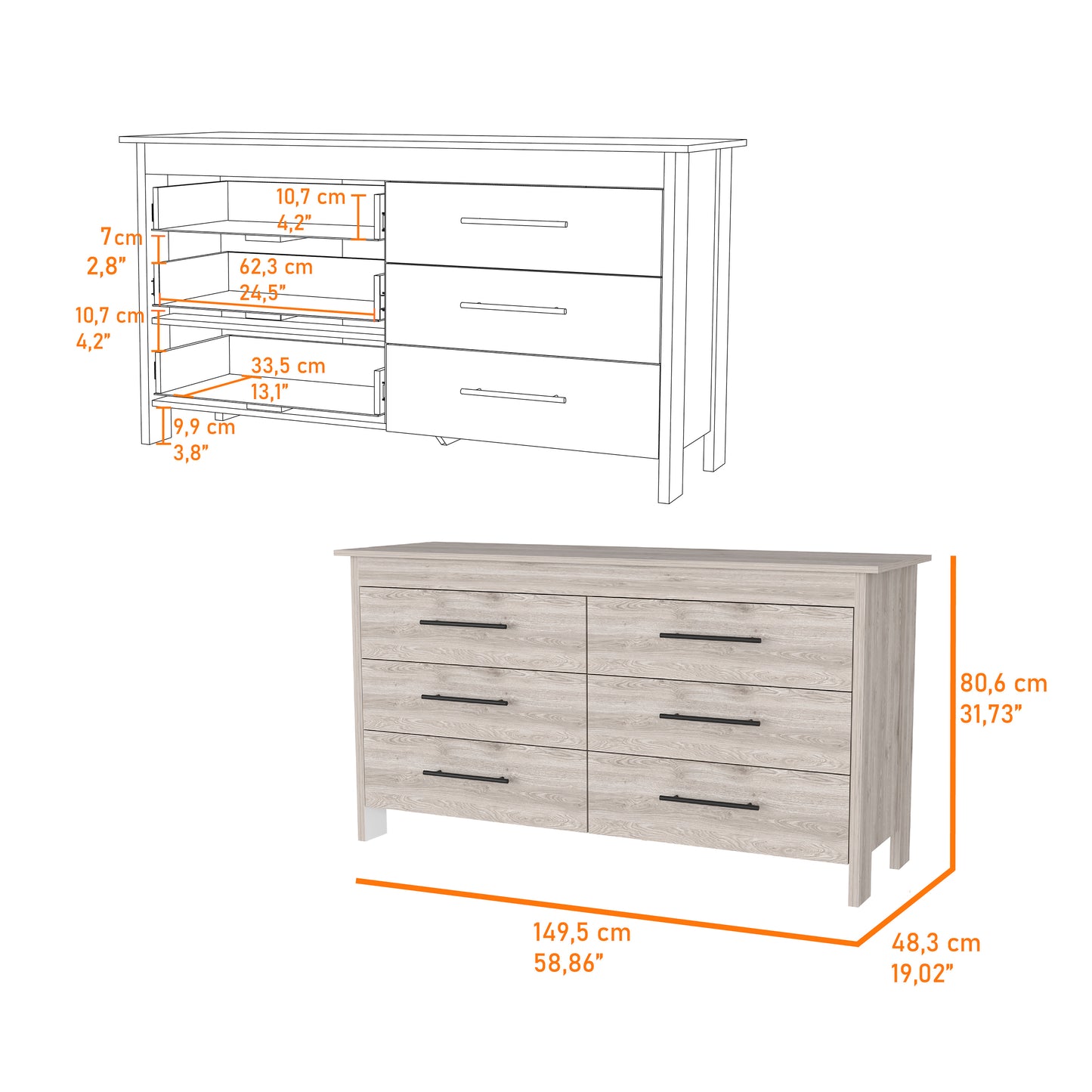 Southington 6-Drawer Rectangle Dresser Light Gray