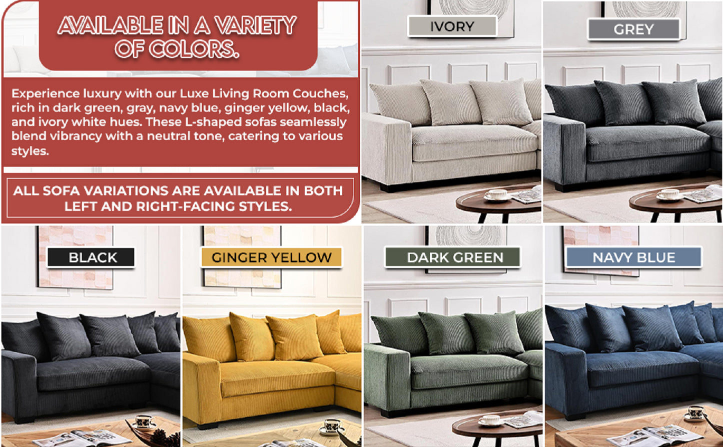 Container Furniture Direct Luxe Oversized Two-Piece Left Facing Sectional Couches for Living Room, 102.4-Inch L Shaped Sofa with Chaise, Upholstered with Corduroy Fabric, Dark Green