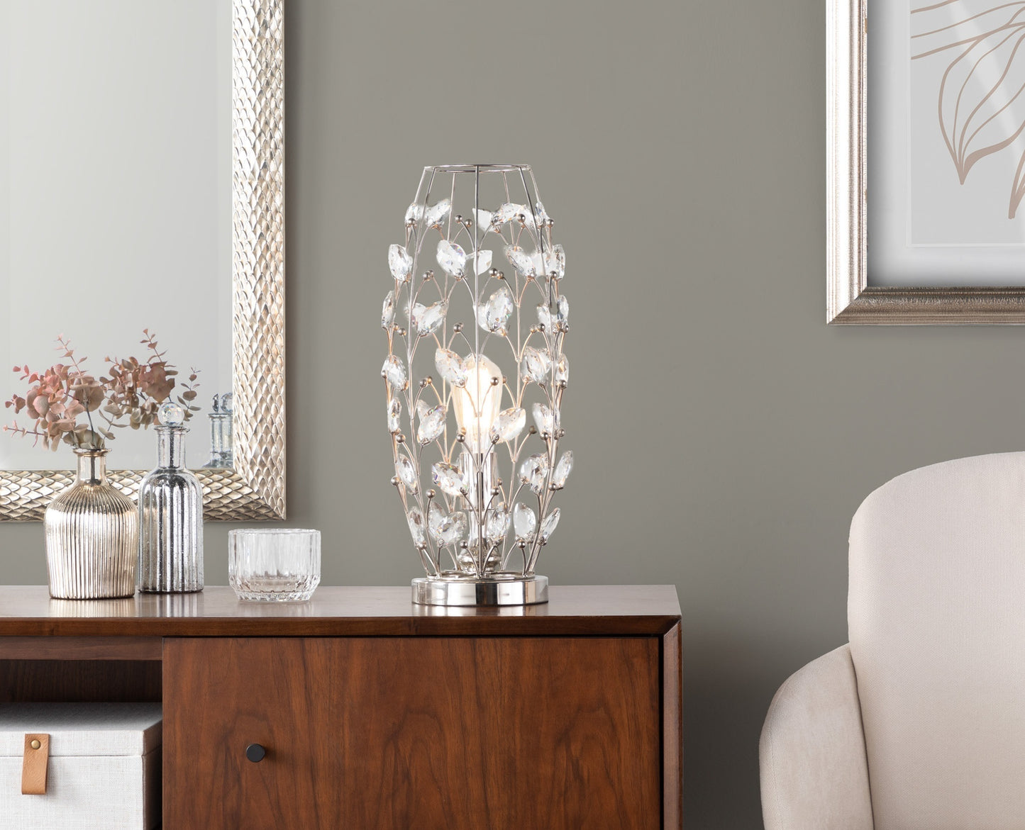 Crystal Buds 18" Contemporary Metal Uplight Lamp in Polished Nickel with Clear K9 Crystal Accents from Grandview Gallery by LumiSource