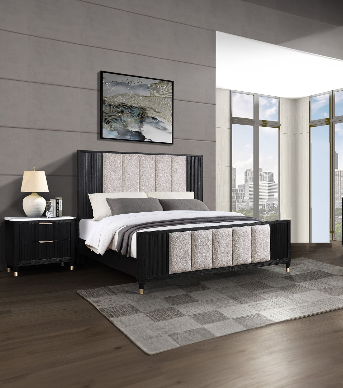 1pc Contemporary 2-Drawer Black Nightstand White Top Metal Knobs Modern Design Wooden Bedroom Furniture