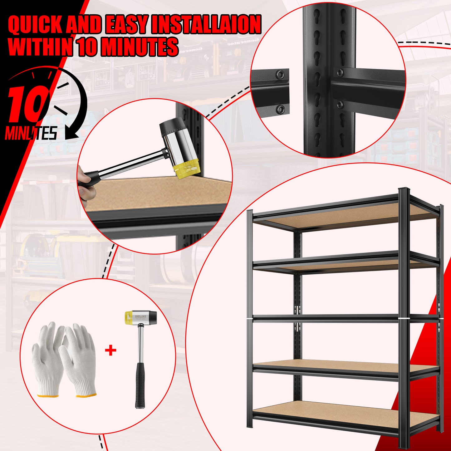 Garage Racking, Adjustable Heavy Duty Storage Racking, 5-Tier Metal Garage Racking, Garage Tool Room Supermarket Racking, Black Requires Assembly