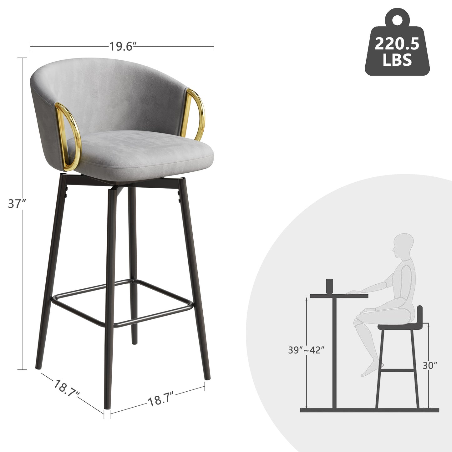 Dining Chairs Set of 2 Modern style 360°Swivel Bar Chairs with simple design, comfortable high stools, and flexible dining chairs suitable for bars, restaurants,Velvet Bar Chair Beige grey
