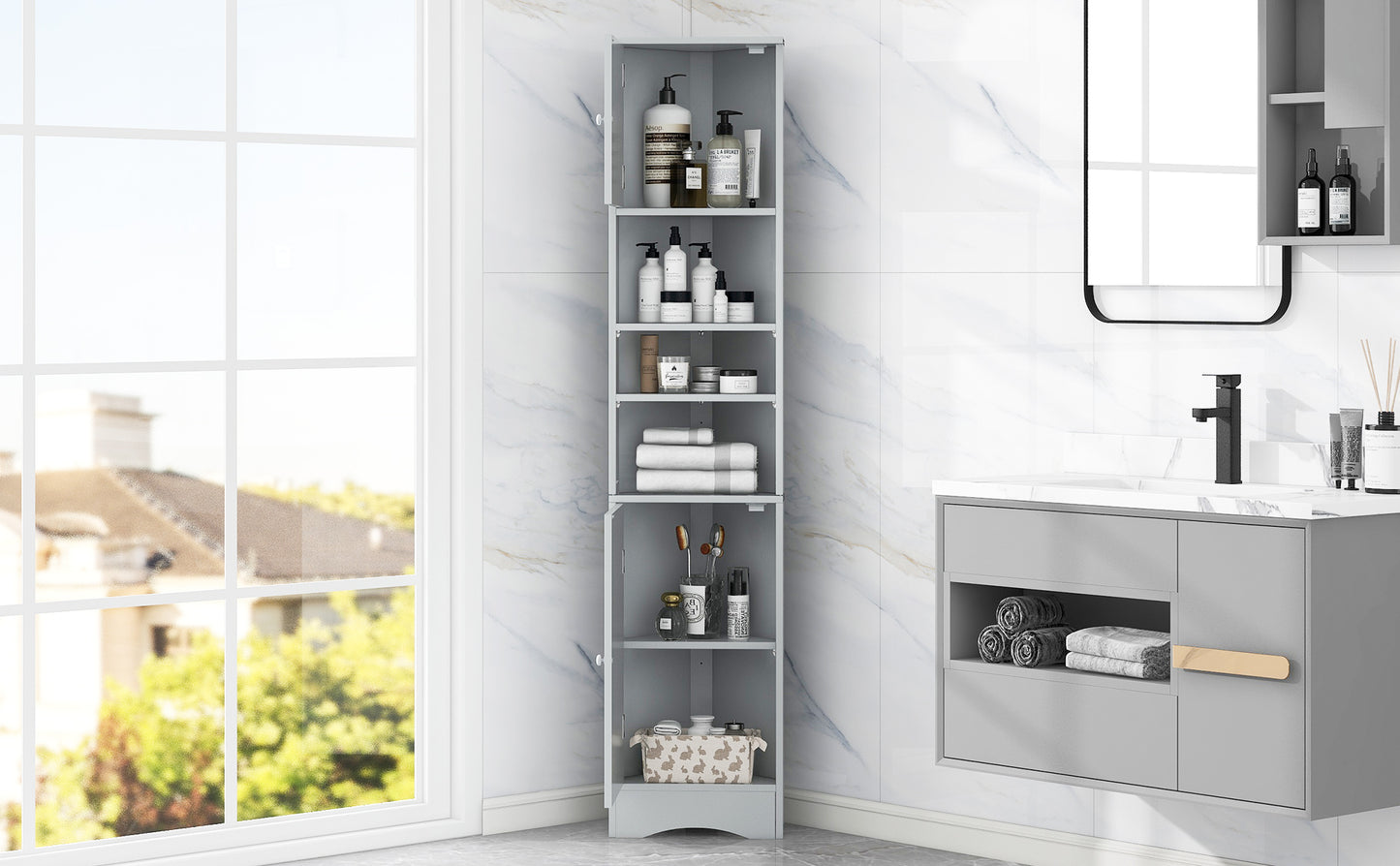 Multi-Functional Corner Cabinet Tall Bathroom Storage Cabinet with Two Doors and Adjustable Shelves, Open Shelf, Grey