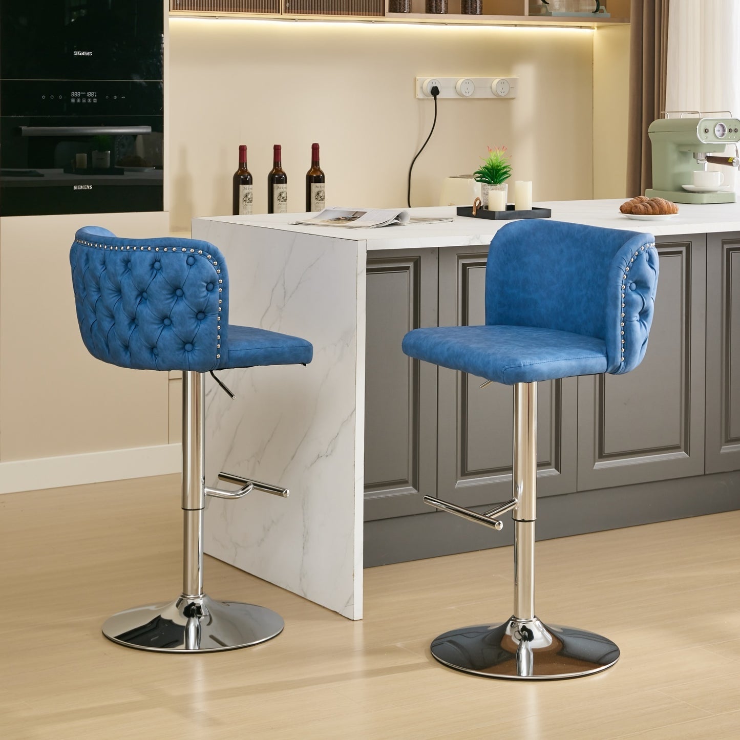 A&A Furniture,Swivel Barstools Adjusatble Seat Height With Chrome Base, Modern PU Upholstered Bar Stools with the whole Back Tufted, for Home Pub and Kitchen Island,Blue, Set of 2