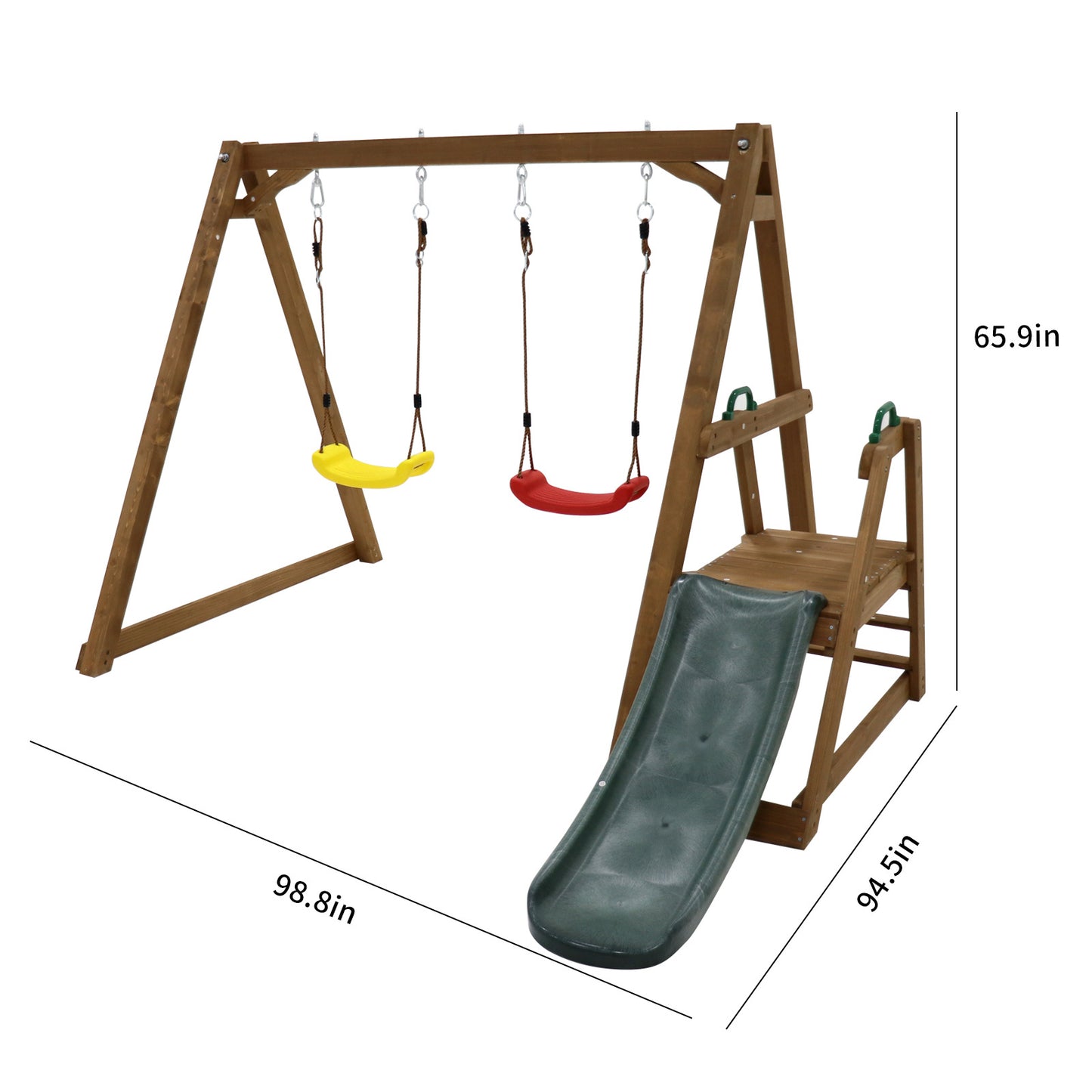 Wood Swing Set for Backyard, 2 in 1 Outdoor Swing Set with Slide, Climbing Rope Ladder Kids Backyard Playset