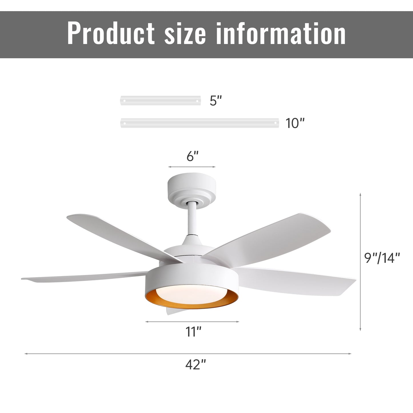42 Inch Ceiling Fans with LED Light 22W and Remote Control 6 Wind Speed Reversible DC Motor White for Bedroom