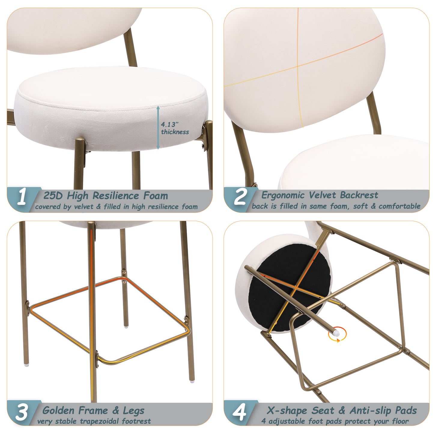 29'' Upholstered Bar Stools Velvet Counter Stool with Backrest & Footrest Set of 2 Round Dining Chairs for Kitchen(Creamy White)