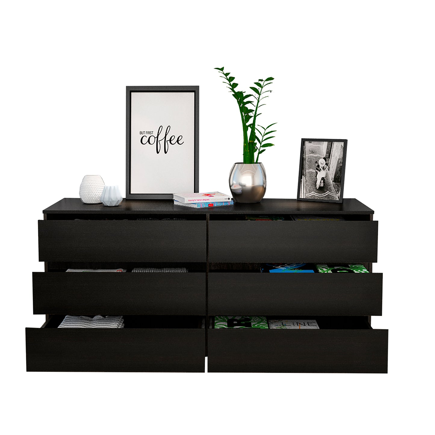 Asteria 6 Drawer Double Dresser, Metal Handles -Black