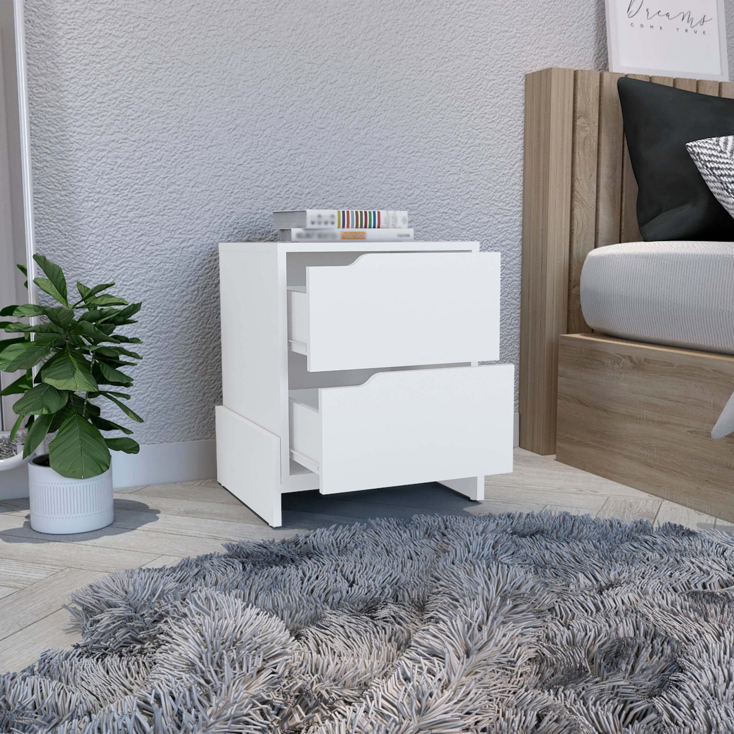 Nightstand with 2-Drawers, End Table with Sturdy Base, White