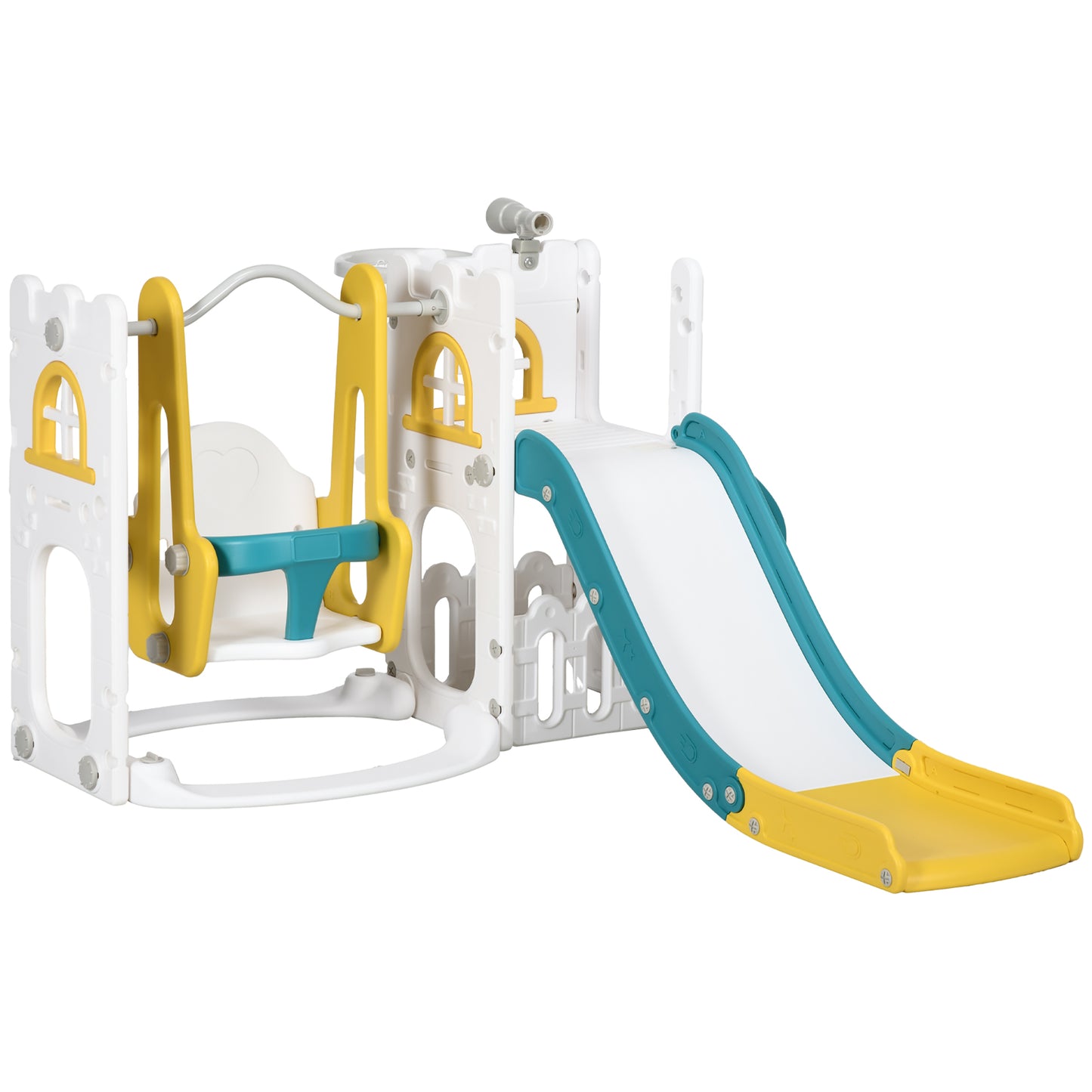 Qaba 6 in 1 Toddler Slide and Swing Set, Baby Slide for Age 1-3 Years with Basketball Hoop, Climber, Storage Space, Telescope, Indoor Playground, Yellow