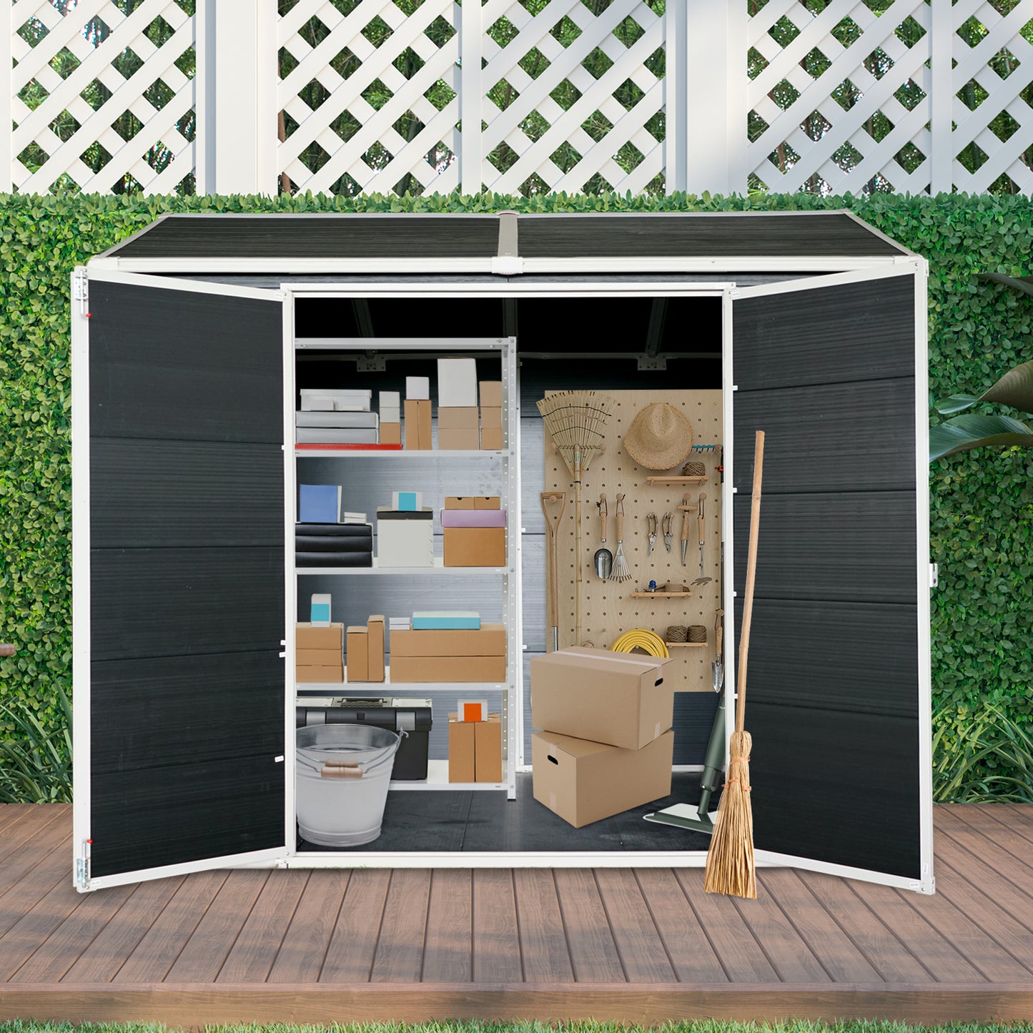 8 x 6ft Resin Outdoor Storage Shed Waterproof Shed with Floor & Two Windows & Lockable Door, Tool Shed for Garden, Patio, Backyard ,Black