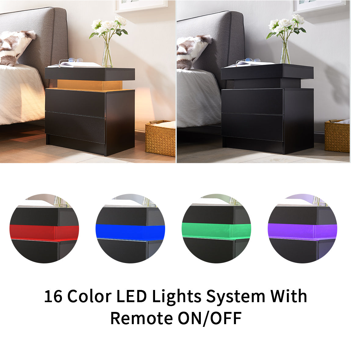 Nightstand LED Bedside Table Cabinet Lights Modern End Side with 2 Drawers for Bedroom (Black)