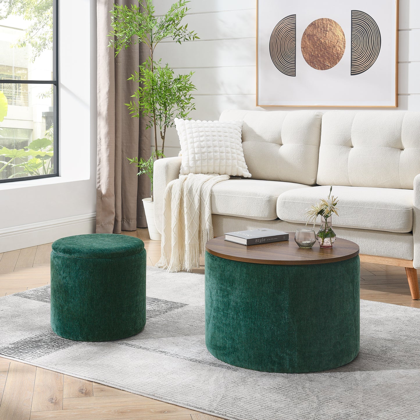 2-Piece Set Round Chenille Storage Ottoman, Equipped with a Drum Shaped Small Stool, Storage Space, and MDF Made Desktop Panel (Dark Green23.62'x23.62'x16.53')