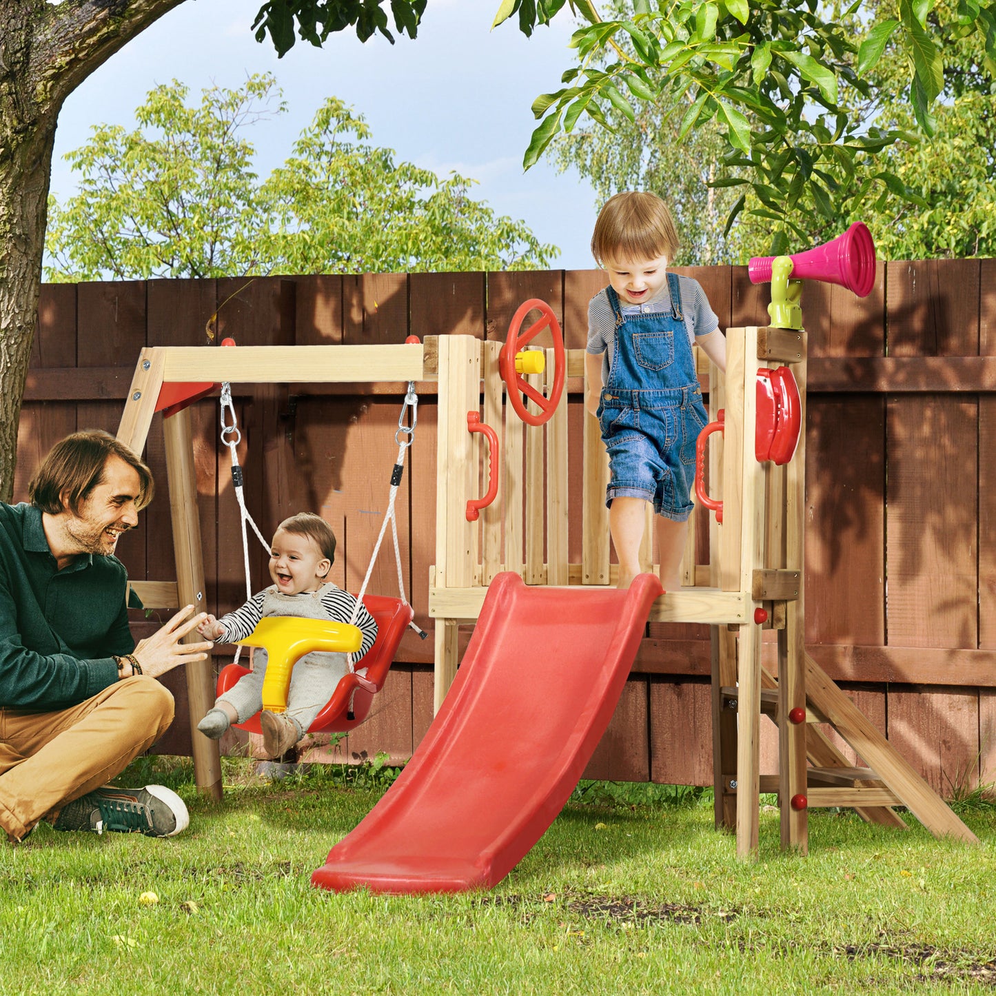 Outsunny 4 in 1 Wooden Swing Set Outdoor Playset with Baby Swing Seat, Toddler Slide, Captain's Wheel, Horn, Kids Backyard Playground Equipment, Ages 1.5-4
