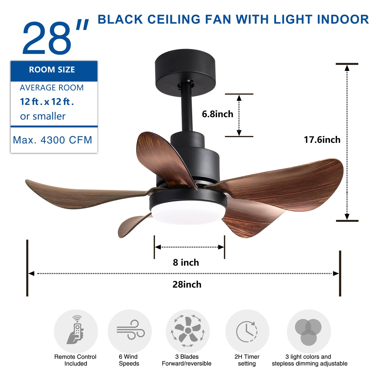 28 lnch Ceiling Fan with Lights Remote Control,Small Ceiling Fan Flush Mount, 5 Reversible Blades, Low Profile Ceiling Fan 6 Speeds 3 Colors for Bedroom Kitchen