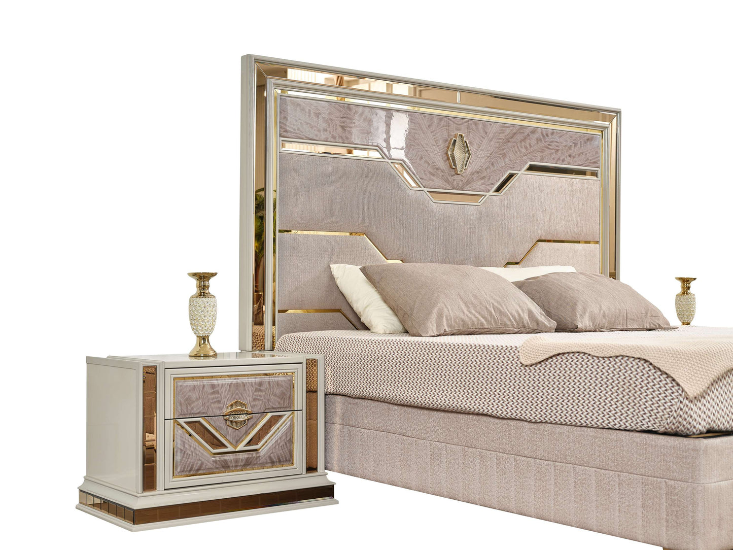 Omari Modern Style 4 Pc Queen Upholstered Bedroom Set Made with Wood and Gold Accents in Beige