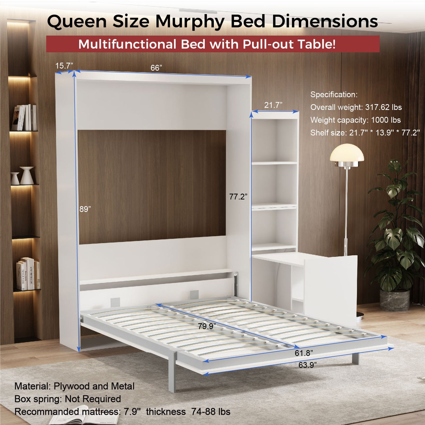 Queen Size Morden Deisgn Big Size Vertical Murphy Bed with table and shelf for Bedroom or Guestroom White Wall Bed Space Saving Hidden Bed with New Style Gas Struts
