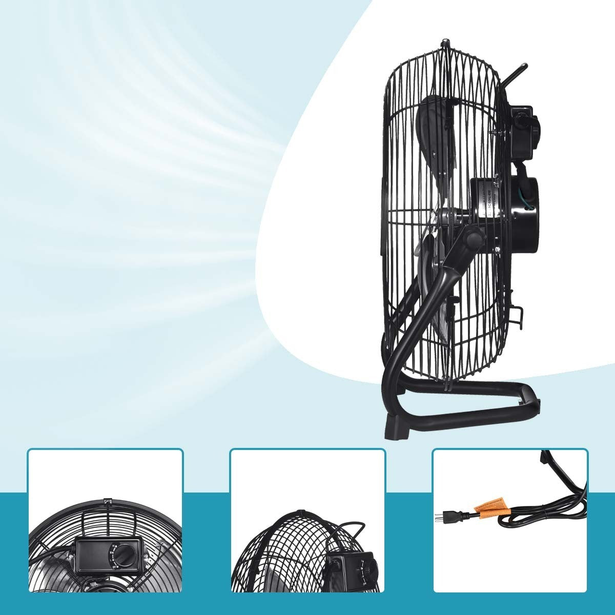 18 in. 3-Speed High-Velocity Industrial Heavy Duty Metal Floor Fan in Black with Tilting Head for Outdoor/Indoor Use