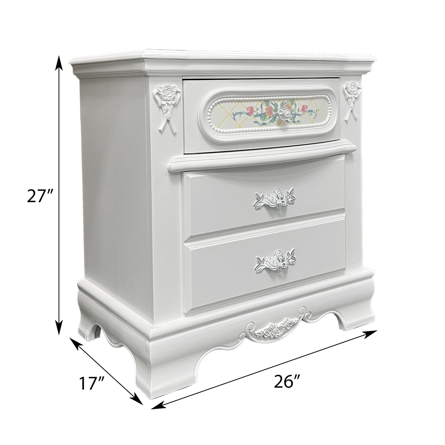 White 2-Drawer Nightstand with Floral Motifs