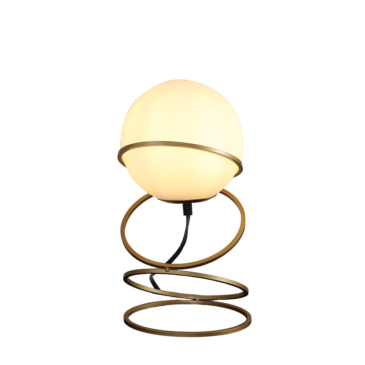 13.5" H Glass Globe Matte Gold Spiral 4 Ring Metal Stand Table Lamp for Living Room, Nightstand Bedside Table Lamp for Bedroom, LED Lamp