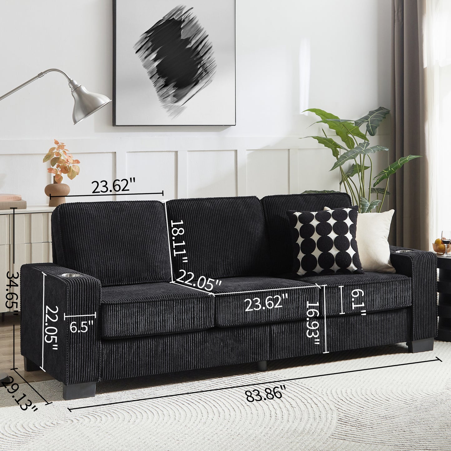 83.86"Corduroy Fabric sofa,Modern Compressed Couch,3-Seater Sofa, Furniture for Living Room,Bedroom,office ,Black