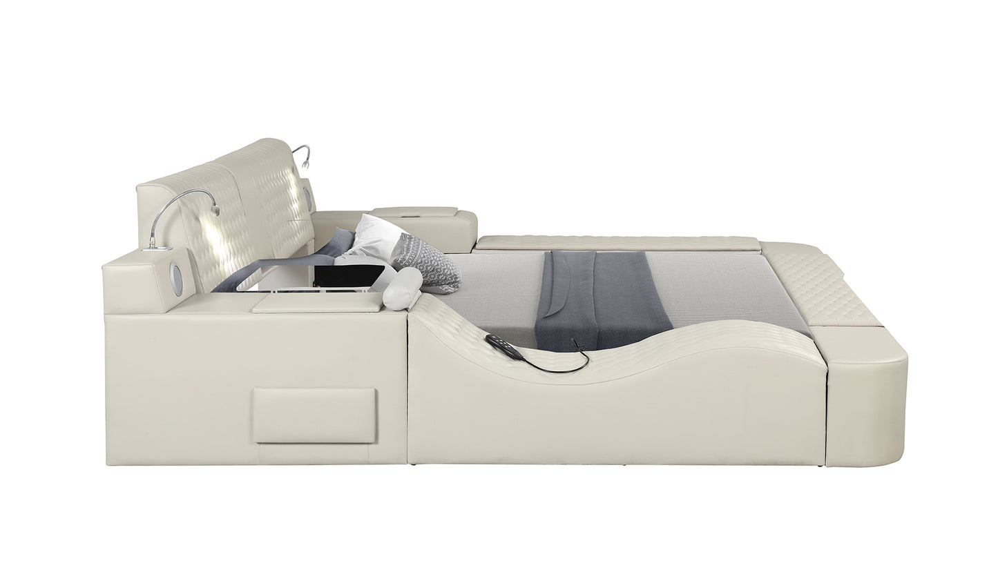 Smart Multifunctional King Size Bed Made with Wood in Beige