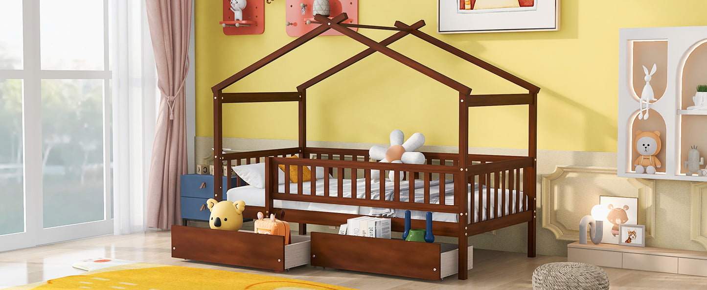 Twin Size Wooden House Bed with Two Drawers, Walnut