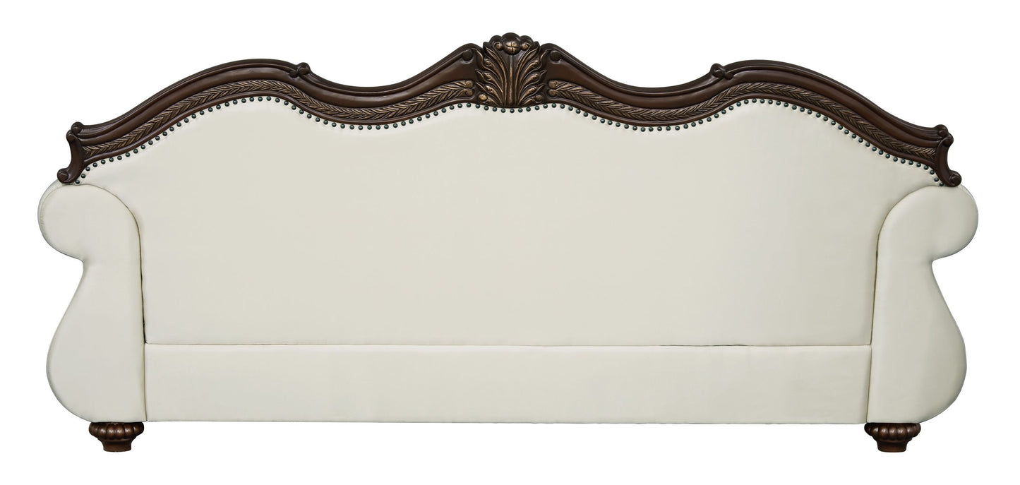 Pierce Beige Fabric & Cherry Finish Sofa w/5 Pillows