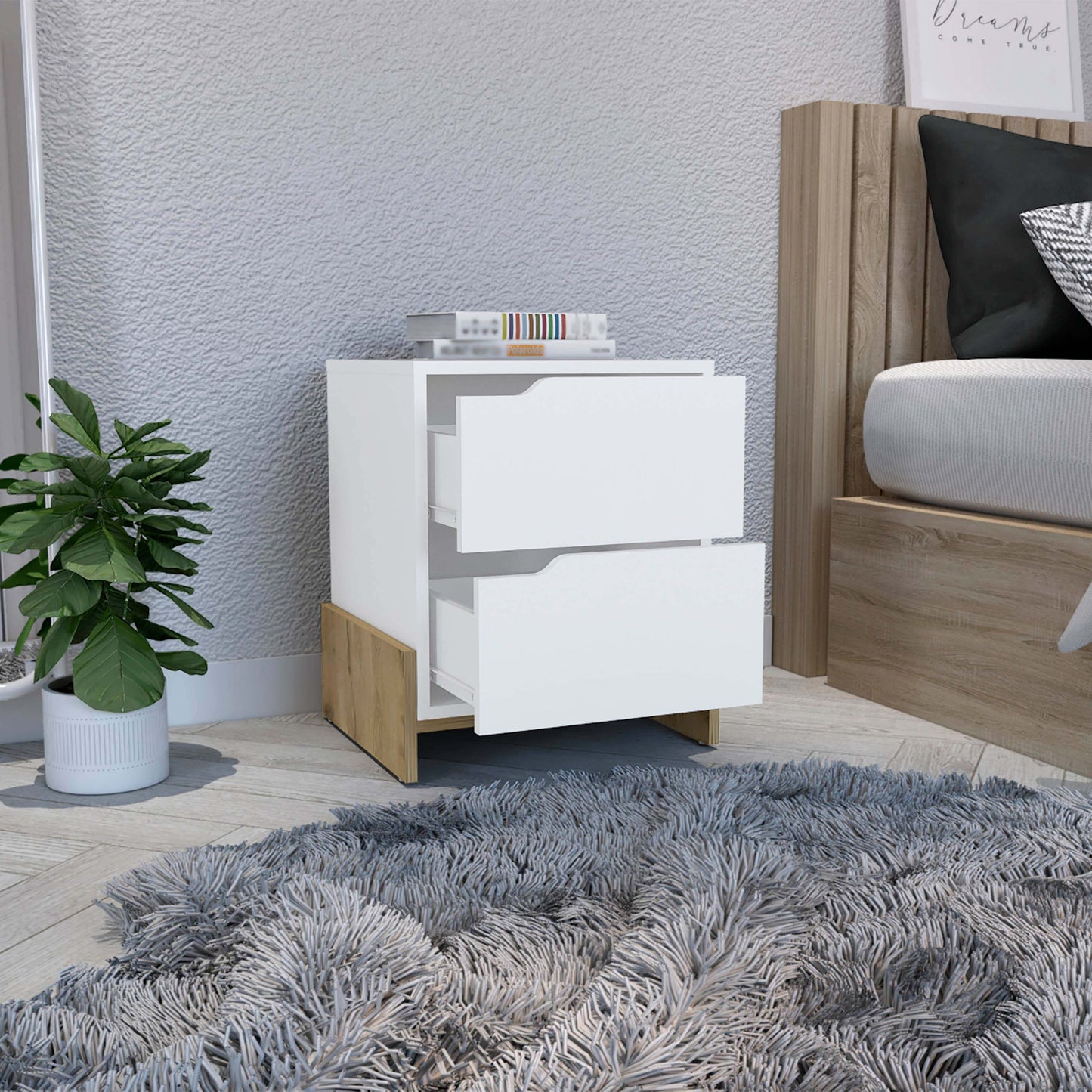 Nightstand with 2-Drawers, End Table with Sturdy Base, White / Macadamia