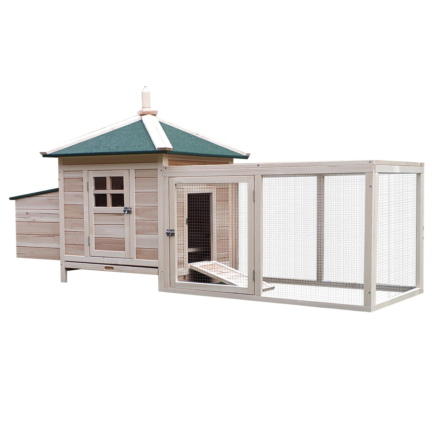PawHut 77' Wooden Chicken Coop with Nesting Box, Cute Outdoor Hen House with Removable Tray, Ramp Run, for Garden Backyard, Natural