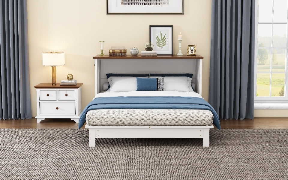 Solid Pine Murphy Bed Chest with Charging Station and Large Storage Drawer for Home Office or Small Room , Full, White+Walnut