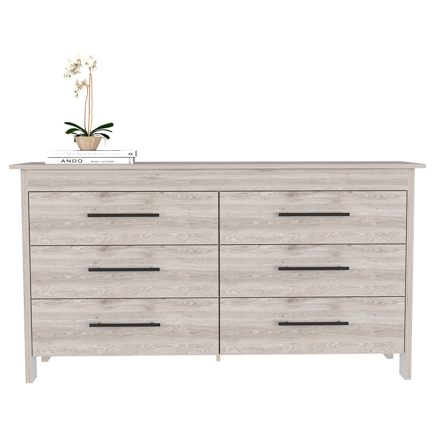 Double Dresser, Four Legs, 6 Drawer, Superior Top, Light Gray