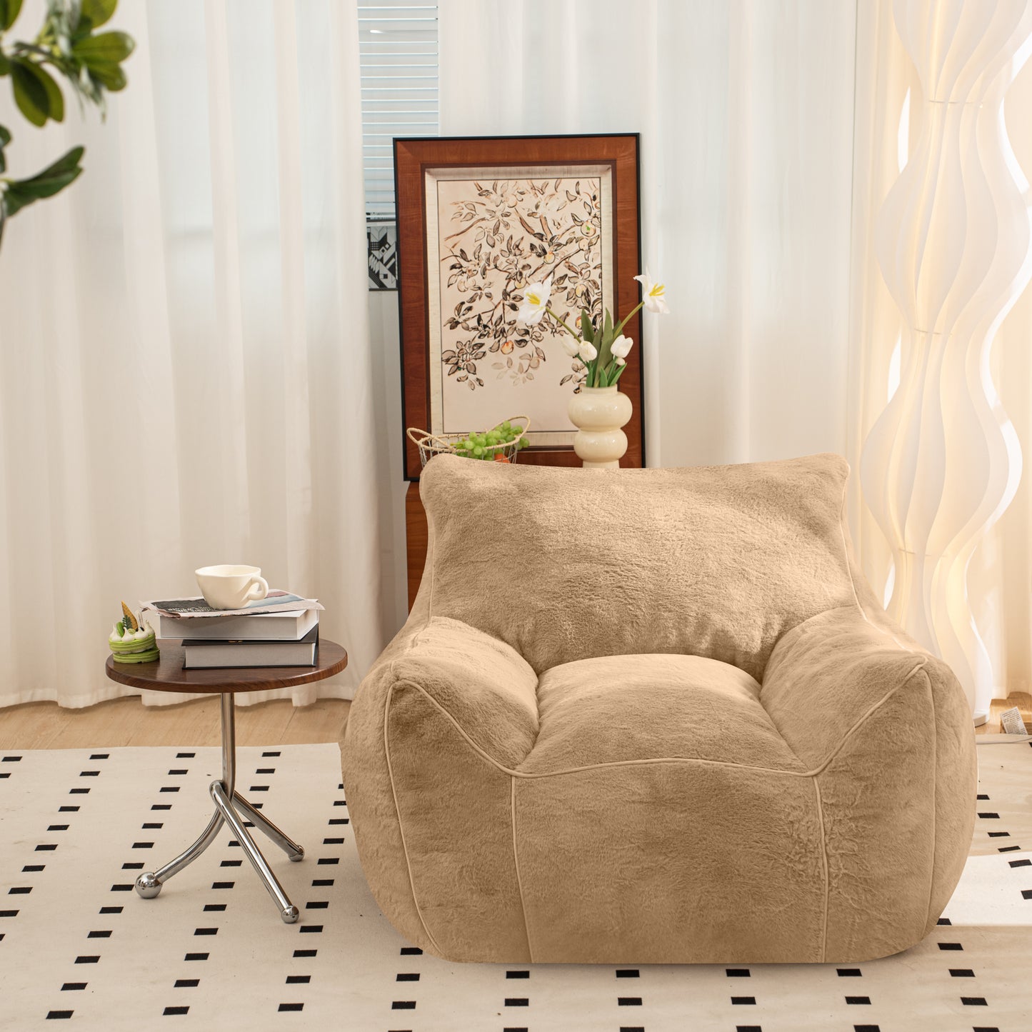 Bean Bag Chair, Comfy Bean Bag Sofa with Back Support, Faux Fur Bean Bag Chair for Adults, Stuffed Floor Sofa for Living Room, Bedroom, Apartment, khaki